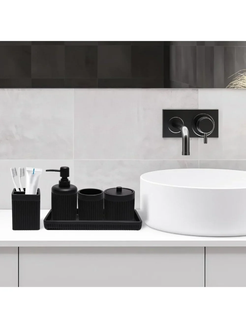 Matte Black Resin Bathroom Accessories Set - 5 Pcs, Soap Dispenser, Toothbrush